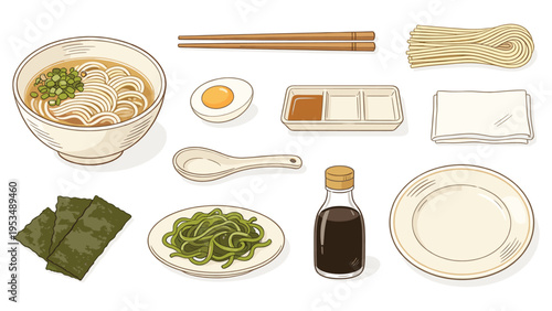 A diverse collection of essential Asian food elements, showcasing a ramen bowl, noodles, egg, soy sauce, seaweed, and chopsticks for culinary themes