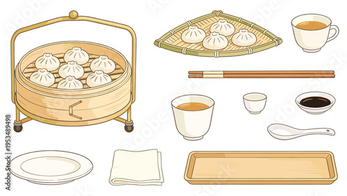 A delightful set elements various food and beverage collection featuring freshly steamed buns, hot tea, and essential Asian dining tableware, perfect for culinary design concepts