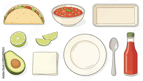 A curated set elements various food and beverage collection featuring Mexican food elements like tacos, salsa, fresh avocado, lime, and dining items