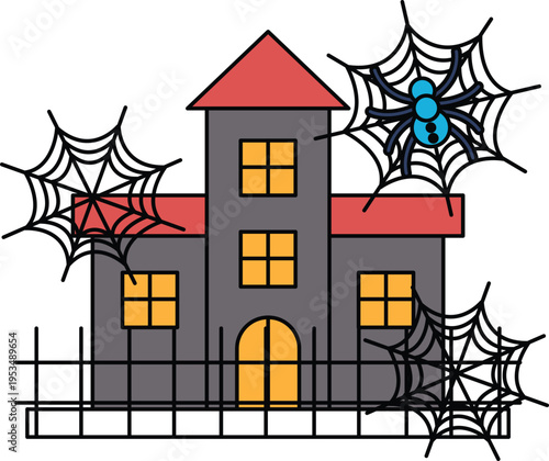 Spooky house with three large spiderwebs