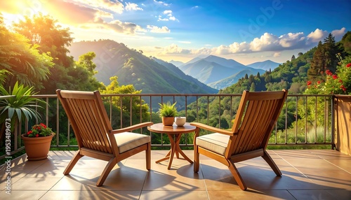 Serene mountain patio with two wooden chairs