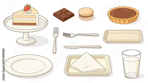 An appealing set elements various food and beverage collection featuring sweet dessert treats, practical dining essentials, and refreshing drink, all presented in a lovely cartoon style