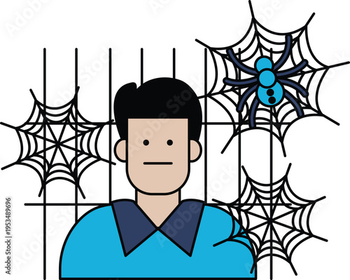 Man stands behind bars, surrounded by spiders and webs