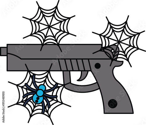Spider webs cling to a pistol's surface