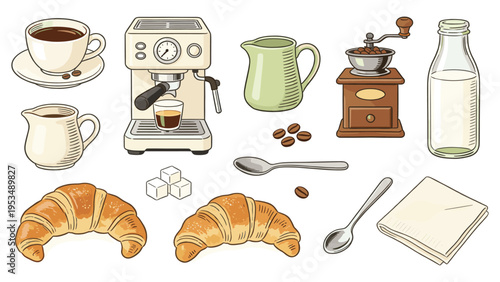 set elements various food and beverage collection featuring fresh croissants, coffee machine, milk, and sugar for a delightful breakfast spread