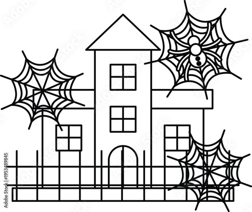 Spooky house with three large spiderwebs