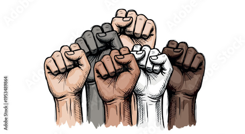 Diverse fists raised in unity on a white background, symbolizing solidarity and equality.
