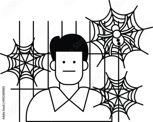 Man stands behind bars, surrounded by spiders and webs