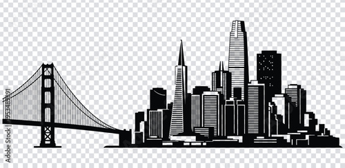 Vector illustration san francisco city skyline with golden gate bridge in black silhouette