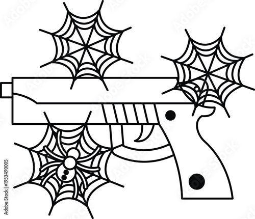 Spider webs cling to a pistol's surface