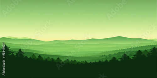 Beautiful mountain landscape with clouds, mist, forest, and hills under a colorful sunrise and sunset sky