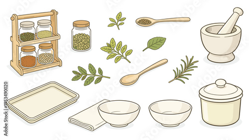 set elements various food and beverage collection featuring an assortment of culinary herbs, spices, and essential kitchen utensils, perfect for cooking, baking, and seasoning