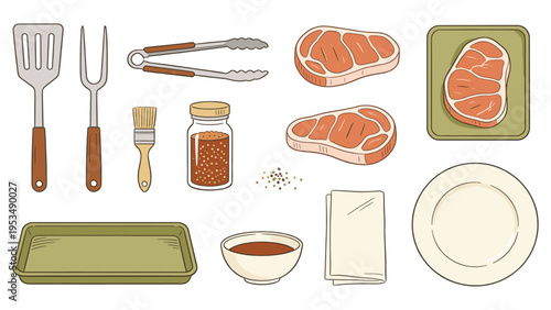 A comprehensive set elements various food and beverage collection featuring essential grilling tools, raw meat steaks, and barbecue accessories, ideal for culinary projects and cooking designs