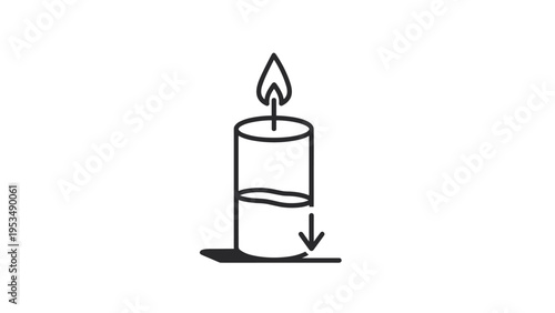 Burning candle with a downward arrow indicating decreasing wax level, symbolizing depletion, time running out, or diminishing resources.