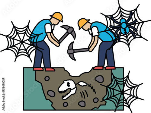 Two explorers dig near a dinosaur skull