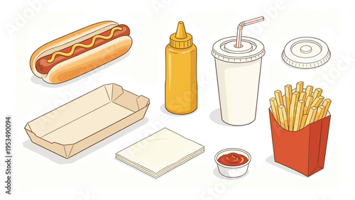 set elements various food and beverage collection featuring classic fast food items a delicious hot dog, golden french fries, a soda drink, and essential condiments