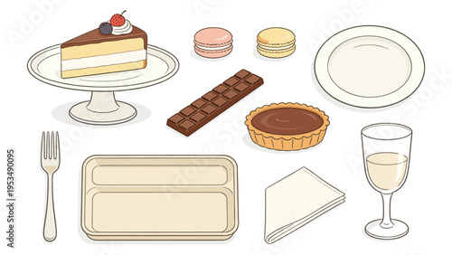 A diverse set elements various food and beverage collection featuring delectable desserts, essential dinnerware, and refreshing drinks, ideal for culinary projects
