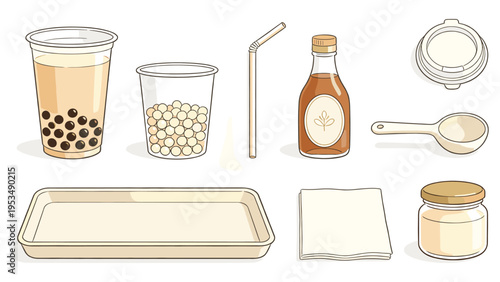 set elements various food and beverage collection featuring bubble tea, boba pearls, plastic cups, straws, sweet syrups, and essential drink accessories