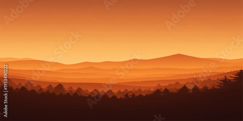 Sunrise and sunset over mountain landscape with clouds and hills