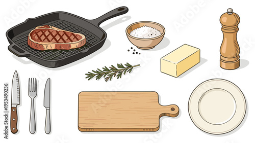 A comprehensive set of various food and beverage collection elements for preparing a delicious grilled steak, including pan, utensils, seasonings, and plate, perfect for culinary projects