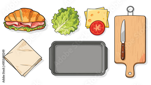 A diverse collection of fresh meal preparation elements featuring delicious sandwich ingredients and essential kitchen tools