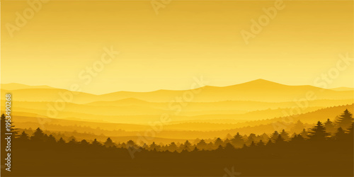 Mountain sunrise and sunset landscape with foggy hills and forest view