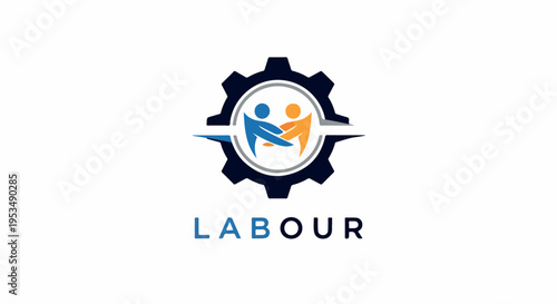Logo design featuring a gear with two people in a circle and the word 'LABOUR' on a white background.