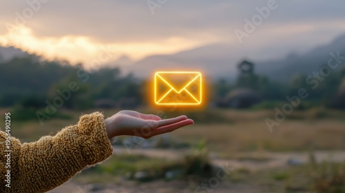 Hand holding glowing email icon in nature.