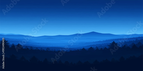 Mountain landscape with fog and clouds at sunrise in the morning over hills and valley