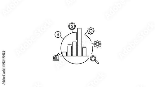 Business analytics and financial growth concept with a bar chart surrounded by money, gears, and a magnifying glass.