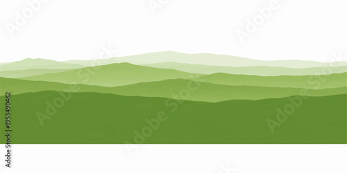 Green mountain landscape with hills grassy fields trees and clouds under a blue sky