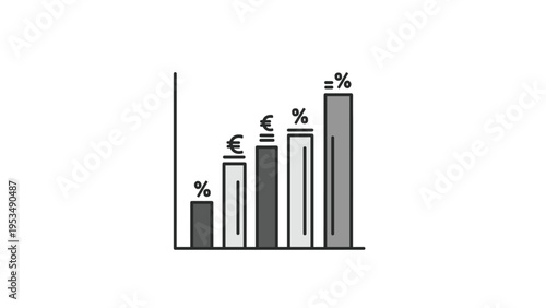 Bar chart with various financial symbols on top of bars, representing economic indicators, currency exchange rates, and financial statistics.