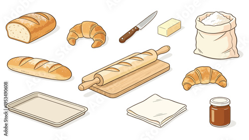 Illustrative collection of essential baking items fresh bread, golden croissants, ingredients, and tools