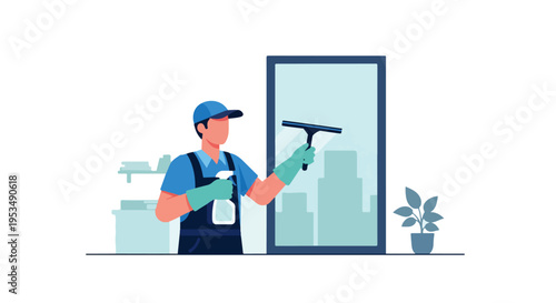 Office Cleaning Service Worker Clean The Window with Squeegee and Spray