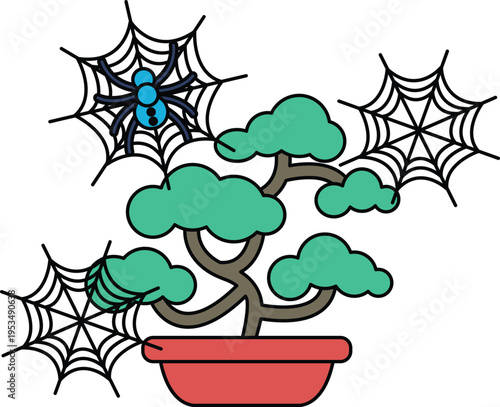 Spiders spin webs near whimsical bonsai tree