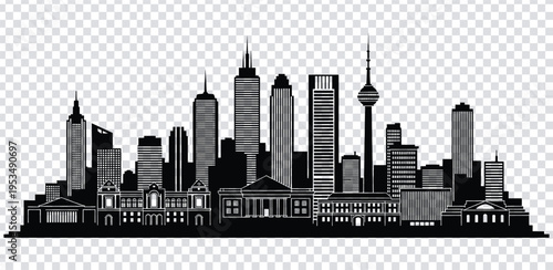 Vector illustration black silhouette of a city skyline with tall buildings and skyscrapers