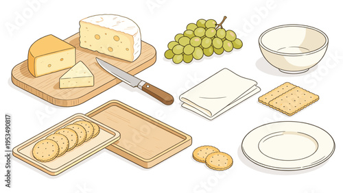 A versatile set elements various food and beverage collection featuring cheese, crackers, and grapes with serving accessories