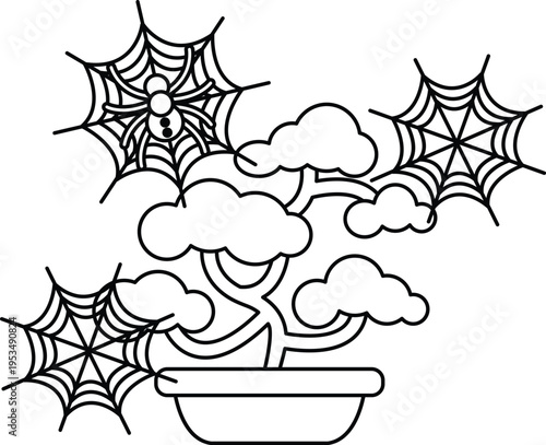 Spiders spin webs near whimsical bonsai tree