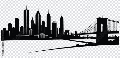 Vector illustration black silhouette of new york city skyline with brooklyn bridge