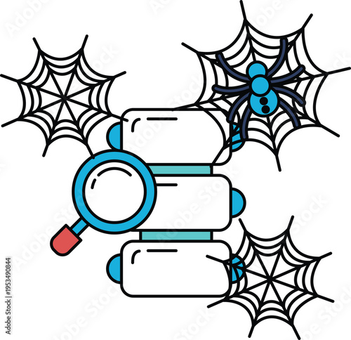 Spiderwebs frame three stacked boxes and a magnifying glass