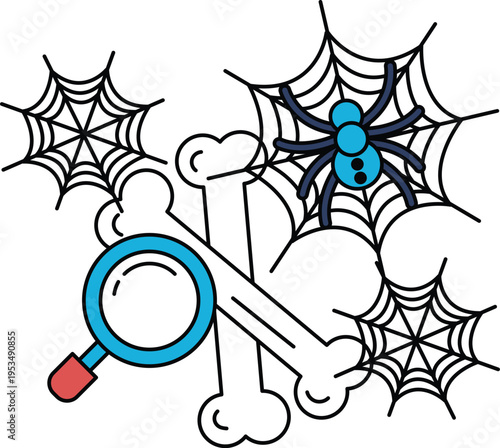 Spiders rest on intricate webs above crossed bones