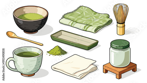 A set elements various food and beverage collection featuring authentic Japanese matcha tea ceremony tools and green tea serving supplies