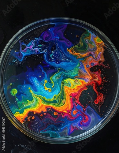 Vibrant swirling rainbow colors in a circular container on a black background
