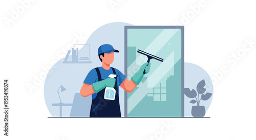 Office Cleaning Service Man Cleaning Window with Squeegee Wipe  and Spray