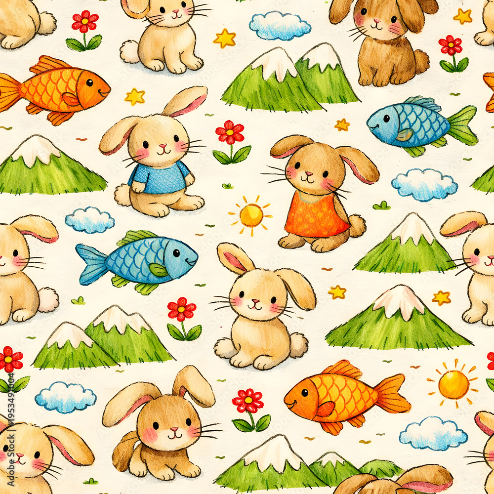 Obraz premium Seamless pattern of cute hand-drawn rabbits, colorful fish, and mountains in a charming crayon style