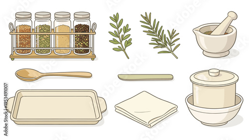 A versatile collection of various kitchen elements, featuring a spice rack, fresh herbs, mortar and pestle, baking pan, and utensils, essential for diverse food preparation and culinary designs