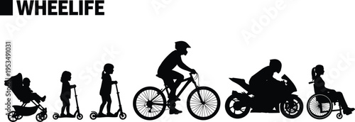 Black and white of various modes of personal transportation and travel bicycle skateboard scooter