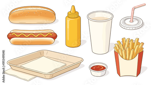 A vibrant collection featuring various fast food elements hot dogs, fries, condiments, and drinks, perfect for menus