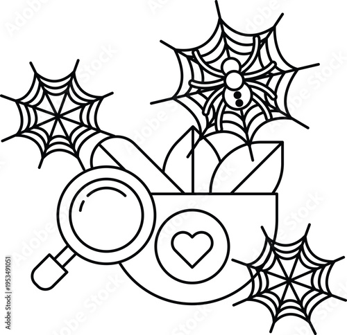 Spider webs surround a heart-adorned magnifying glass