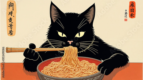 Stylized black cat eating spaghetti humorous cartoon illustration